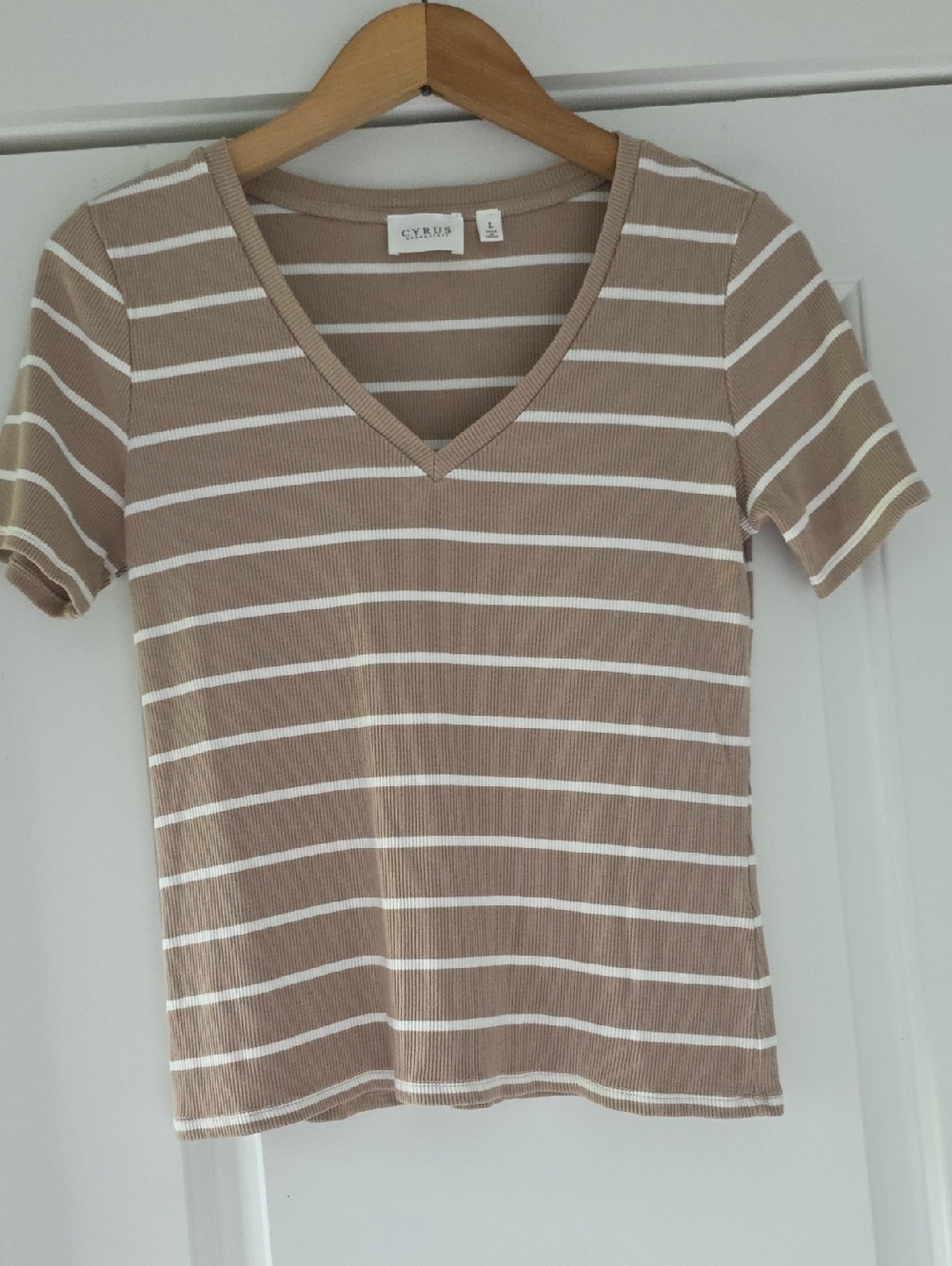 Cyrus Striped V-Neck Tee in Taupe Tan and White Stripes